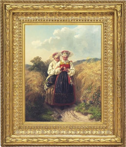 Vingakersflickor - Ja Eller Nej - Landskap Med Tva Kvinnor I Sockendrakt Oil Painting by Josef Wilhelm Wallander