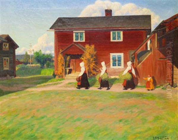 Gardstun Med Kullor Oil Painting by Gustaf Theodor Wallen