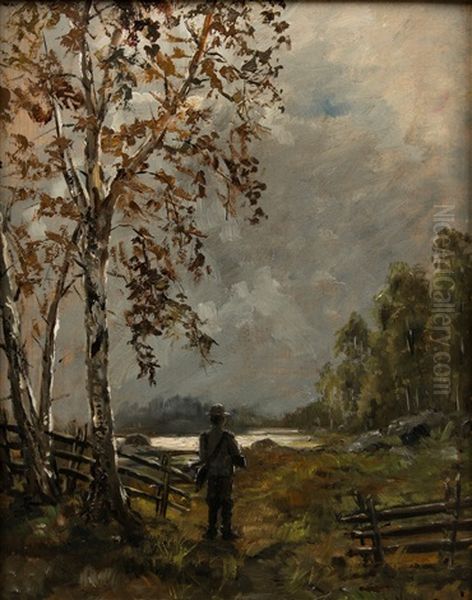 Hunter In Autumn Landscape Oil Painting by Otto Vladimir Wallenius