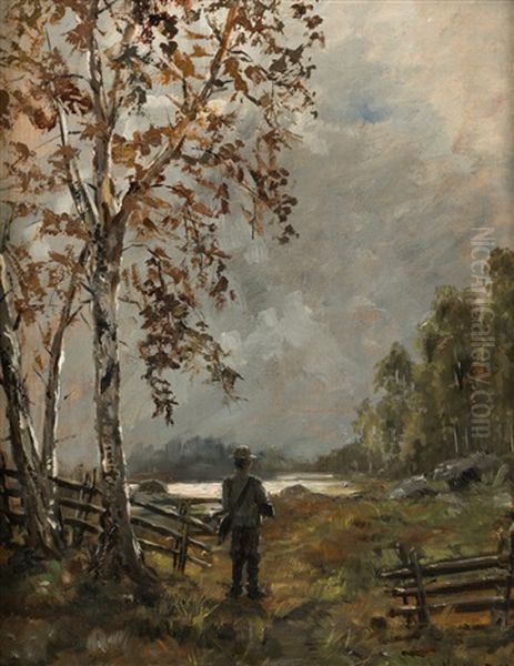 Hunter In Autumn Landscape Oil Painting by Otto Vladimir Wallenius