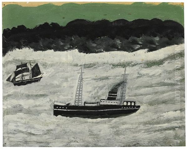 Steamer And Sailing Boat Along Coast Oil Painting by Alfred Wallis