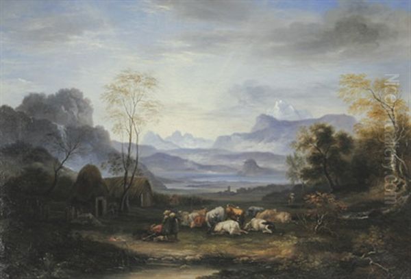 Ideale Gebirgslandschaft Mit Hirtenstaffage Oil Painting by George Augustus Wallis