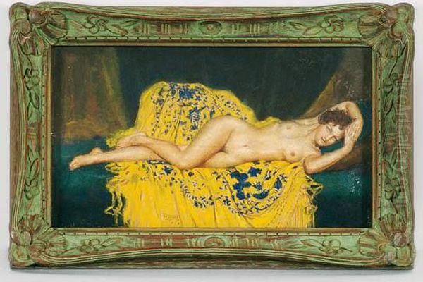 Nu Feminin A La Draperie Jaune Oil Painting by Gustave Brisgand