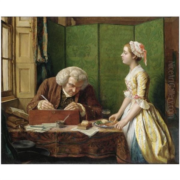 Dr Johnson At Cave's, The Publisher. Johnson, Too Ragged To Appear At Cave's Table, Has A Plate Of Victuals Sent To Him Behind The Screen Oil Painting by Henry Wallis