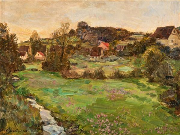 View Of A Village In A Hilly Landscape Oil Painting by Franz Wallischeck