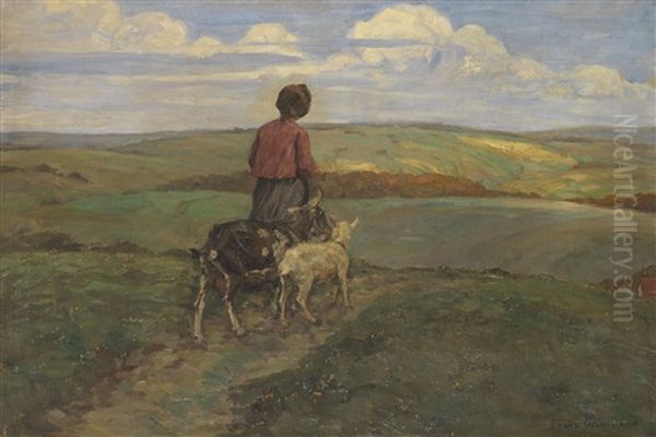 Madchen Mit Ziegen Auf Dem Heimweg Oil Painting by Franz Wallischeck