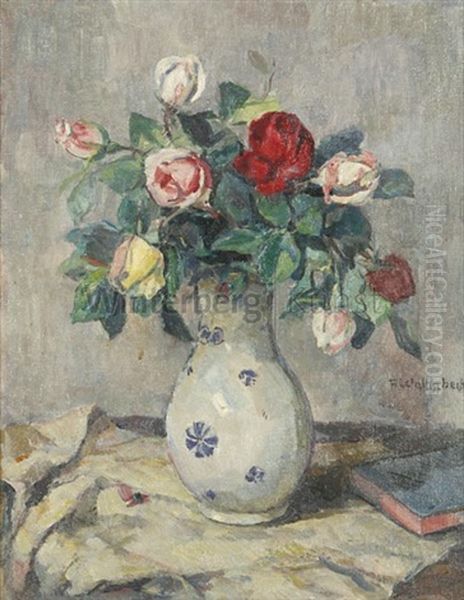 Rosenstraus In Weis-blauer Vase Oil Painting by Franz Wallischeck