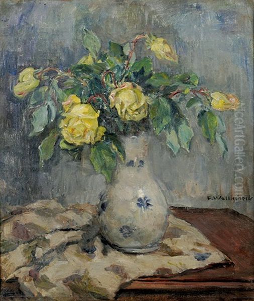 Blumenstilleben Mit Gelben Rosen Oil Painting by Franz Wallischeck