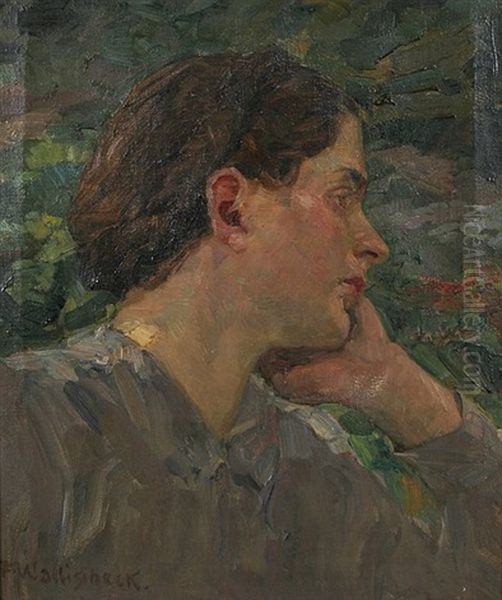 Brustbild Einer Jungen Frau Im Profil Nach Rechts Mit Aufgestutztem Kopf, Vor Baumen Oil Painting by Franz Wallischeck