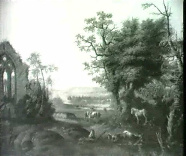 Hirte Mit Vieh In Flusslandschaft, Links Eine Gotische      Kirchenruine, Rechts Wald Oil Painting by Karl Wallmann