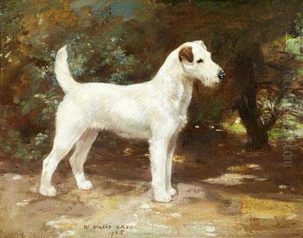 Wire Fox Terrier In A Landscape Oil Painting by William Walls