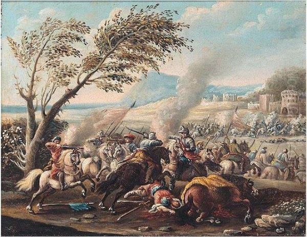 A Cavalry Battle Between Turks And Christians Before A Fortified Town Oil Painting by Carlo Brisighella