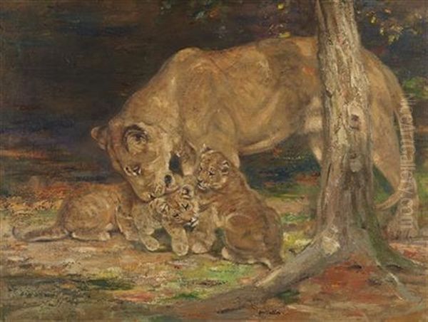 Lioness And Cubs Oil Painting by William Walls