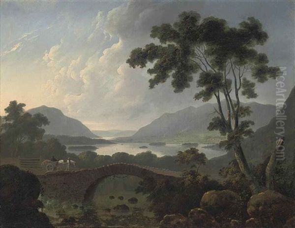 An Extensive Landscape In The Lake District With A Horse-drawn Cart Crossing A Bridge Oil Painting by Thomas Walmsley