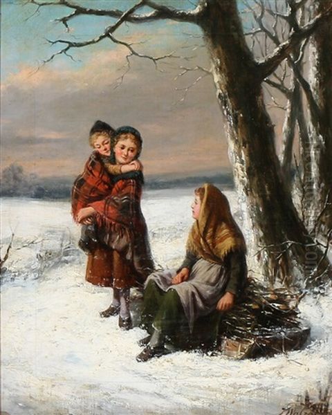 Three Girls In The Snow Oil Painting by Jan Walraven