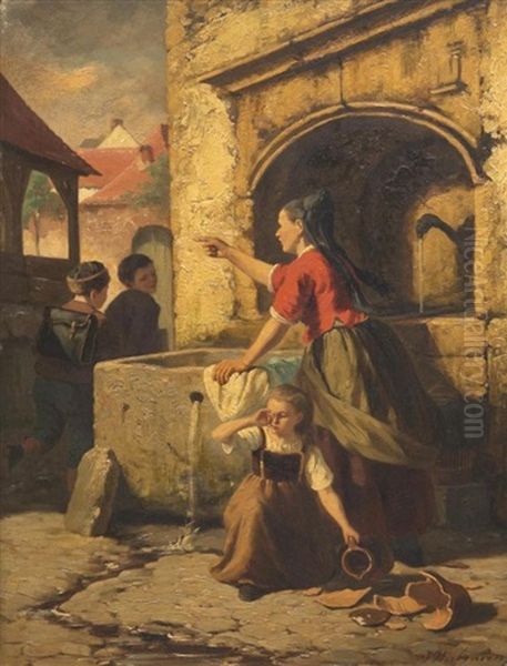 Scene A La Petite Fille Au Pot Casse Avec Femme Au Lavoir Et Enfants Turbulents Oil Painting by Jan Walraven