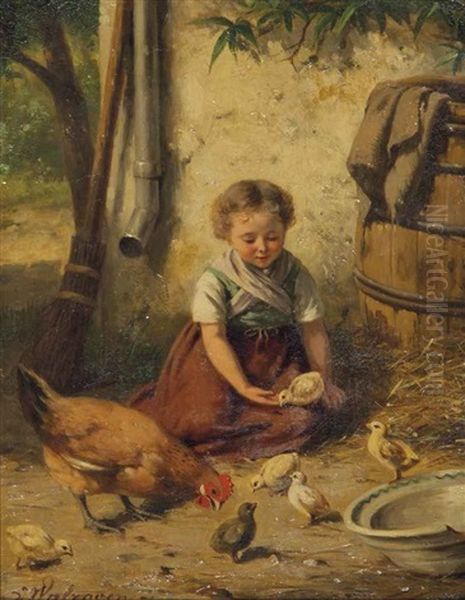 A Young Girl Playing With Chickens Oil Painting by Jan Walraven