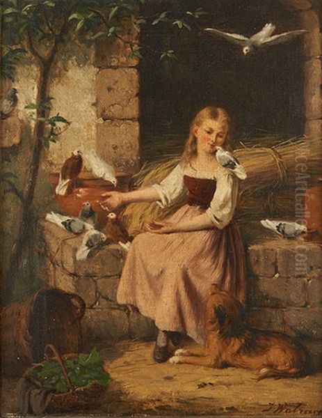 La Jeune Fille Nourrissant Les Pigeons Oil Painting by Jan Walraven