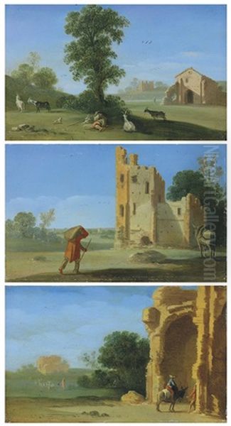 An Italianate Landscape With A Goatherd Resting Beneath A Tree; An Italianate Landscape With A Traveller Near A Ruined Building; And An Italianate Landscape With Travellers Near A Ruined Building, A Villa Beyond Oil Painting by Goffredo Wals