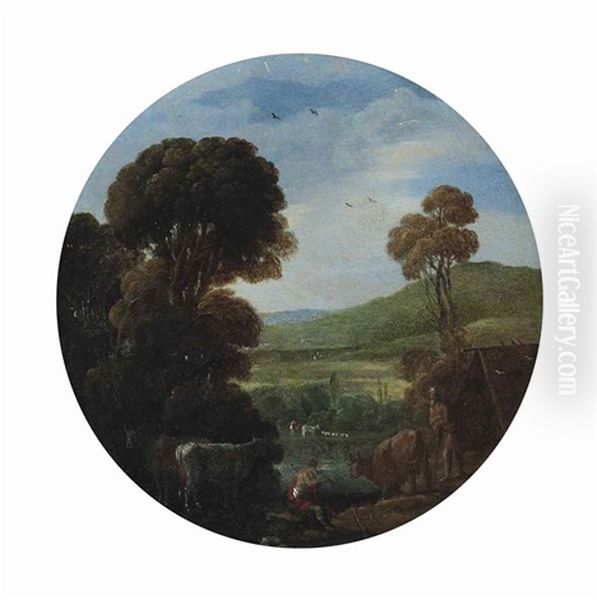 A Wooded River Landscape With Drovers And Their Cattle Oil Painting by Goffredo Wals