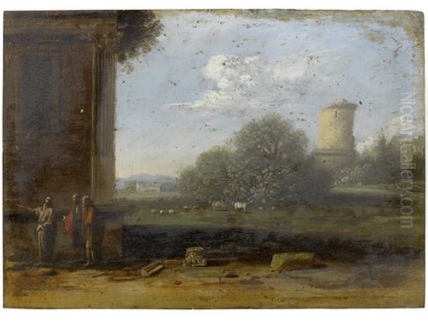 An Italianate Landscape With Figures Conversing In The Foreground Oil Painting by Goffredo Wals