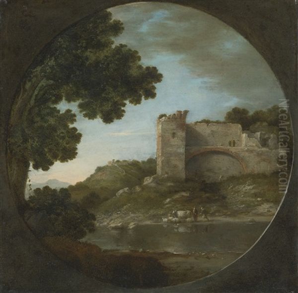 An Italianate River Landscape With Shepherds Watering Their Flock Beneath A Ruin Oil Painting by Goffredo Wals