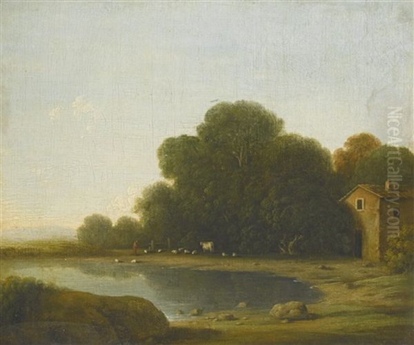 Landscape With A Herdsman Watering His Animals On The Shore Of A Lake, A Farmhouse On The Right Oil Painting by Goffredo Wals