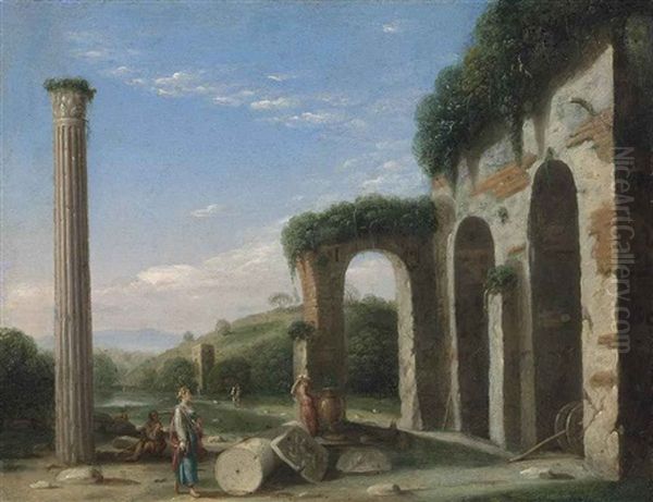 A Capriccio Of Classical Ruins With Figures Conversing In The Foreground Oil Painting by Goffredo Wals