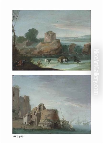 An Italianate Landscape With A Round, Blind Colonade Temple, Drovers With Their Cattle By Cascades And A Coastal Capriccio With A Ruined Tower (pair) Oil Painting by Goffredo Wals