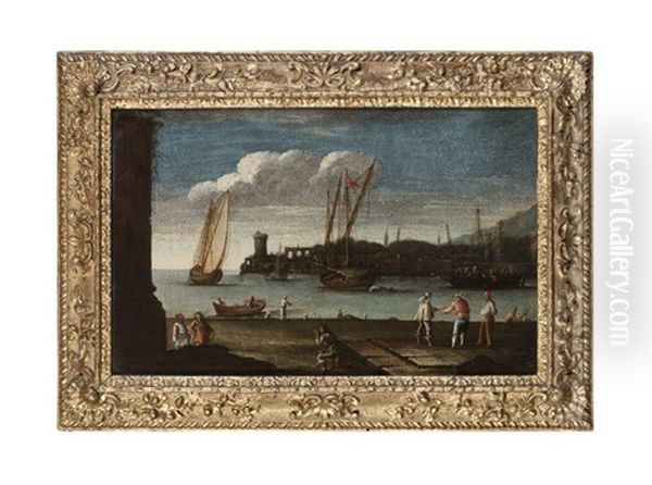 Vue D'un Port Mediterraneen Anime De Personnages Et De Bateaux Au Mouillage Oil Painting by Goffredo Wals