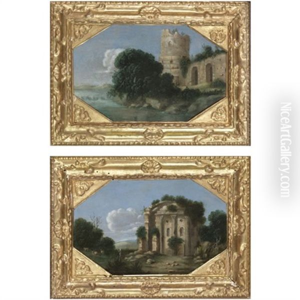 An Italianate Landscape With A Ruined Roman Wall And Tower, And A River With An Overhanging Tree (+ Another; Pair) Oil Painting by Goffredo Wals