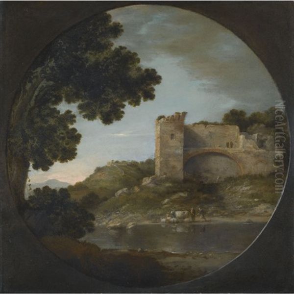 An Italianate River Landscape With Shepherds Watering Their Flock Beneath A Ruin Oil Painting by Goffredo Wals