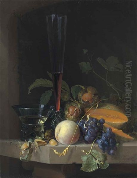 Grapes, Chestnuts And A Cantaloupe With A Roemer And A Facon De Venise Wine Glass On A Stone Ledge by Jacob van Walscapelle