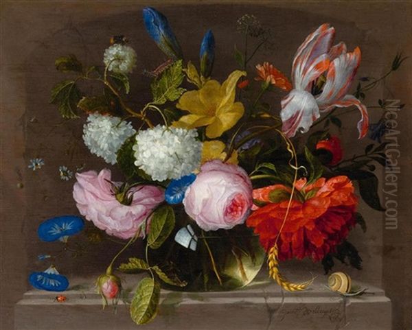 Still Life Of Flowers In A Vase On A Stone Plinth With Insects Oil Painting by Jacob van Walscapelle