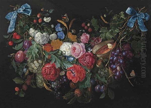 A Garland Of Flowers And Fruit With A Snail And Butterflies Oil Painting by Jacob van Walscapelle