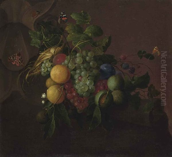 Grapes, Oranges, Walnuts, Corn, Berries And Plums, With Butterflies, A Beetle And A Cockroach Resting On An Architectural Element Oil Painting by Jacob van Walscapelle