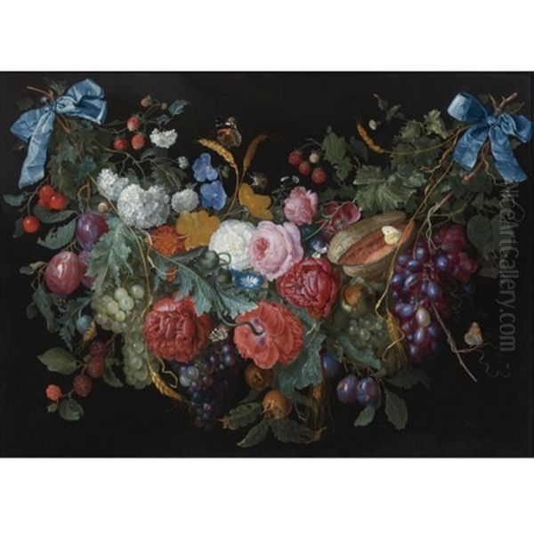 A Garland Of Flowers And Fruit Bound Together At The Ends With Blue Ribbon And Hanging From Two Nails Oil Painting by Jacob van Walscapelle