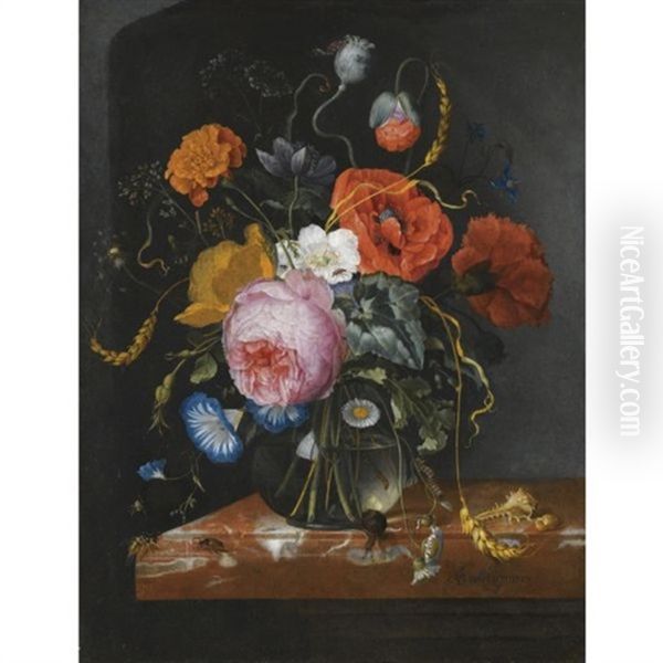 Still Life With Flowers In A Glass Vase On A Marble Ledge, Along With Ears Of Corn, Shells, A Snail, A Wasp And Other Insects Oil Painting by Jacob van Walscapelle