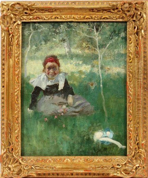 Young Girl Seated In A Pasture With Trees Oil Painting by Charles E. Waltensperger