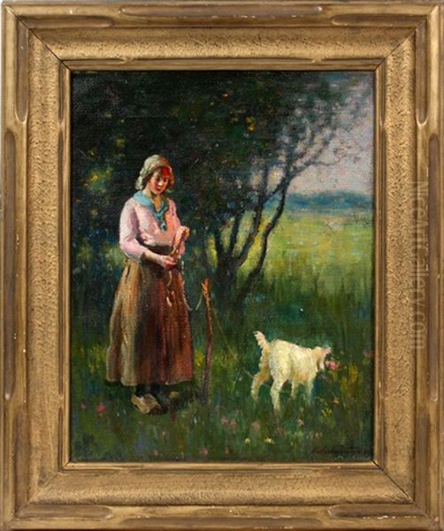 Girl With Goat Oil Painting by Charles E. Waltensperger