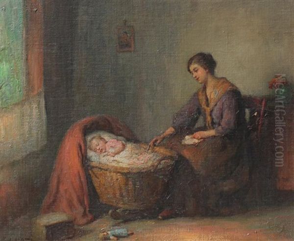 Interior Scene With Young Mother Rocking Child To Sleep In A Cradle Oil Painting by Charles E. Waltensperger