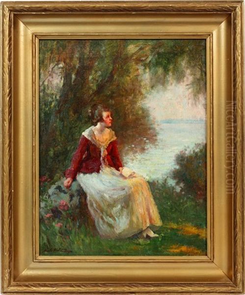 Seated Lady Outside Oil Painting by Charles E. Waltensperger