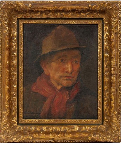 Portrait Of A Man With Hat And Red Scarf Oil Painting by Charles E. Waltensperger