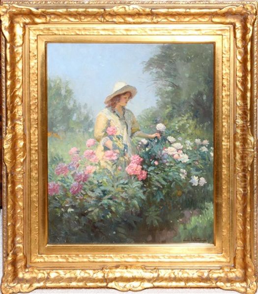 Lady Wearing A Straw Hat And Tending To Flowers Oil Painting by Charles E. Waltensperger