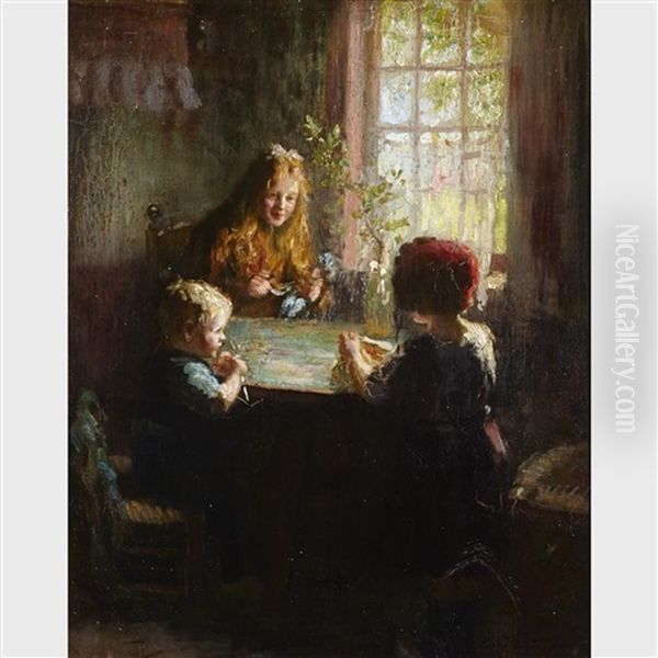 Children At Breakfast Oil Painting by Charles E. Waltensperger