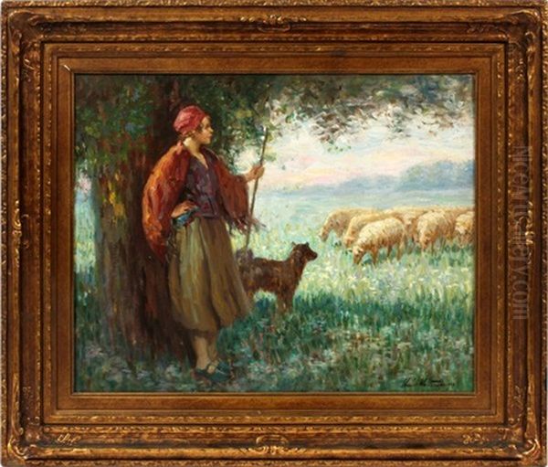 Shepherdess With Sheep Oil Painting by Charles E. Waltensperger