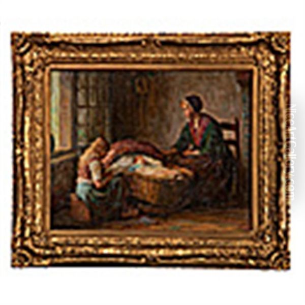 Interior Scene Of Mother With Children Oil Painting by Charles E. Waltensperger