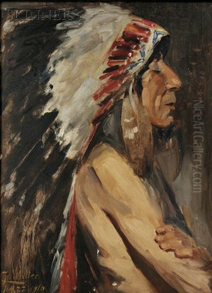 Profile Of A Native American In A Feather Headdress Oil Painting by Christian J. Walter