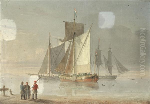 Dutch Boats In Calm Waters Off The Shore Oil Painting by Joseph Walter