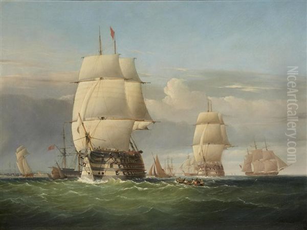 The H.m.s. Britannia With Other Shipping Off Swansea Oil Painting by Joseph Walter